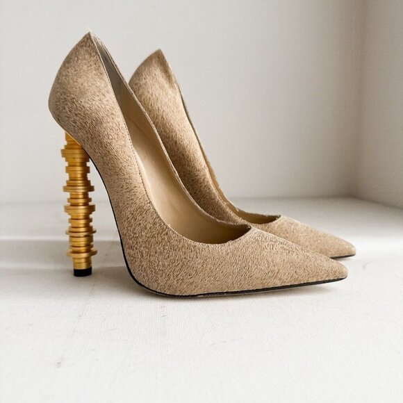Julia Haart Nude Beige Pointy Toe Unique Heel High Heels 38.5 - Picture 1 of 11